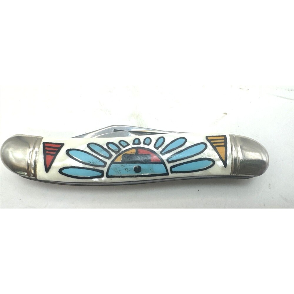 Vintage SABRE Folding 2 Blade Pocket/Jack Knife Native American/Southwest Motif